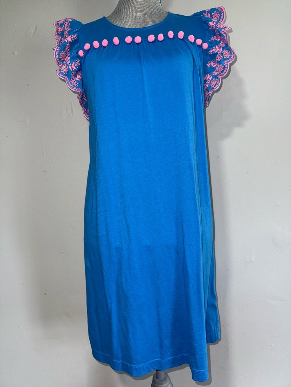 Lilly Pulitzer Bright Blue Mini Dress with Pink Pom-Pom Trim